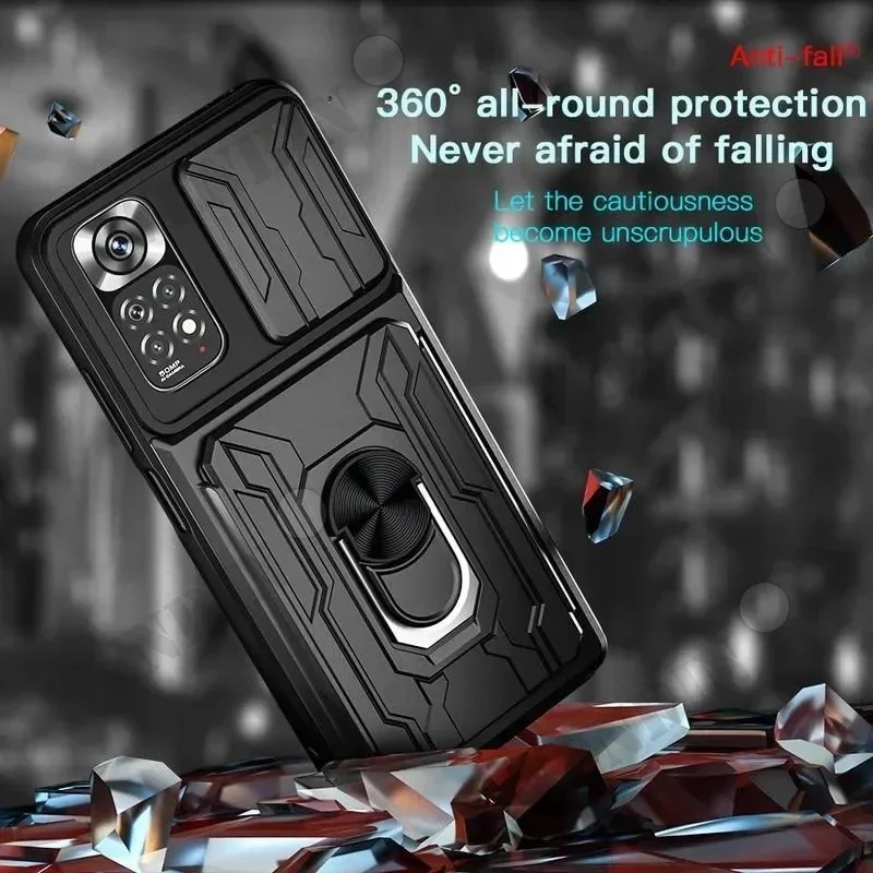 Coque avec anneau de support coulissant pour appareil photo magnétique, coque de fente pour carte, qualité militaire, Redmi Note 14, 13, 12 Pro, casque X6 Pro, Xiaomi 14T Pro, 360