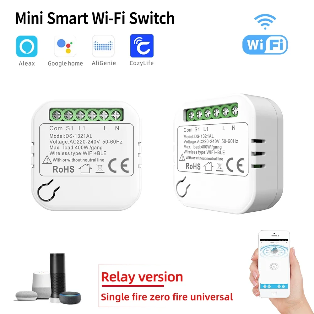 Cozylife WiFi Mini Smart Switch No Neutral Wire 400W DIY 2-Way Control Smart Switches Breaker Module Work With Alexa Google Home