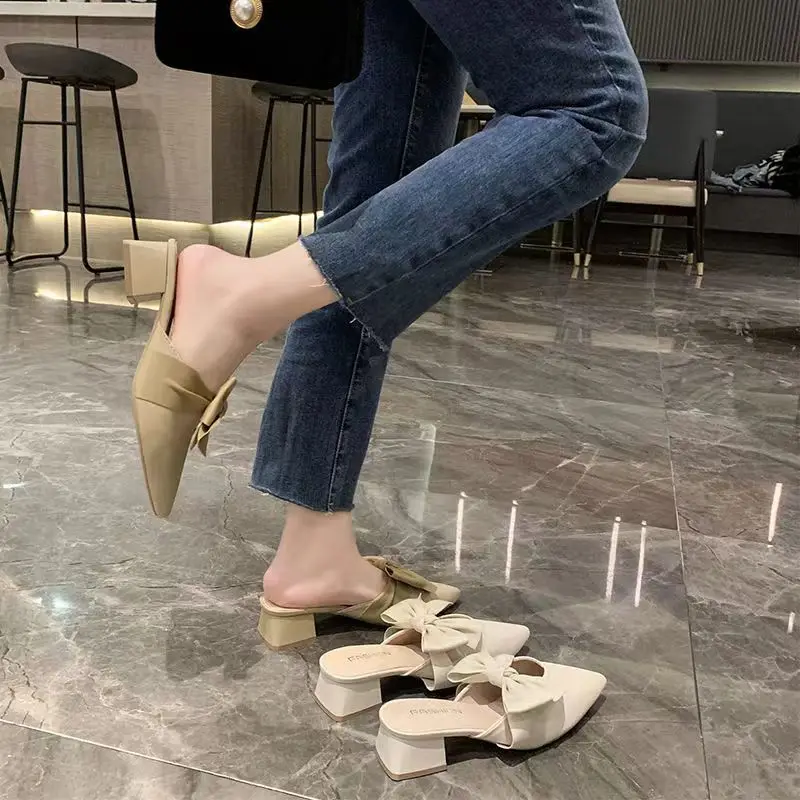 Summer 2024 Mules Shoes With Heel Women\'s Slippers And Ladies Sandals Bow Slides Pointed Toe Chic Point Hot Low Price Waterproof