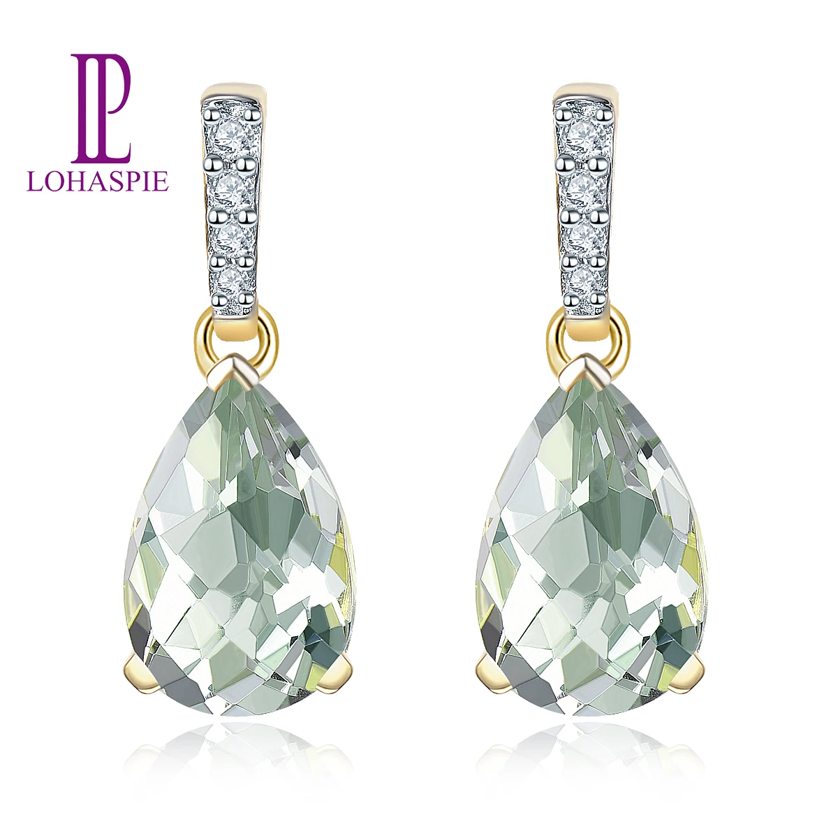 

LP Natural Green Amethyst (Quartz) 2.68ct Drop Diamond Earrings Real 14 Karats Yellow 585 Gold Fine Jewelry for Women's Gifts