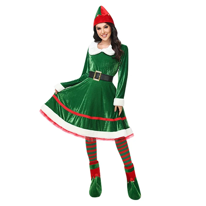 Christmas Elf Costume for WoMen Santa Outfit Flannel Maxi Dress Santa Hat Belt Striped Stockings Shoes Set Cosplay Suit