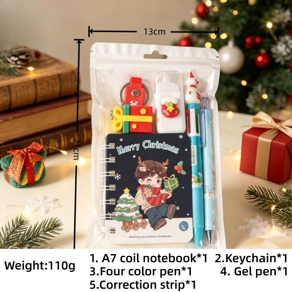 5Pcs Christmas Stationery Set Santa Reindeer Pens A7 Notebook Correction Tape Keychain Gel Pen 4-Color Pen Xmas Student Gift