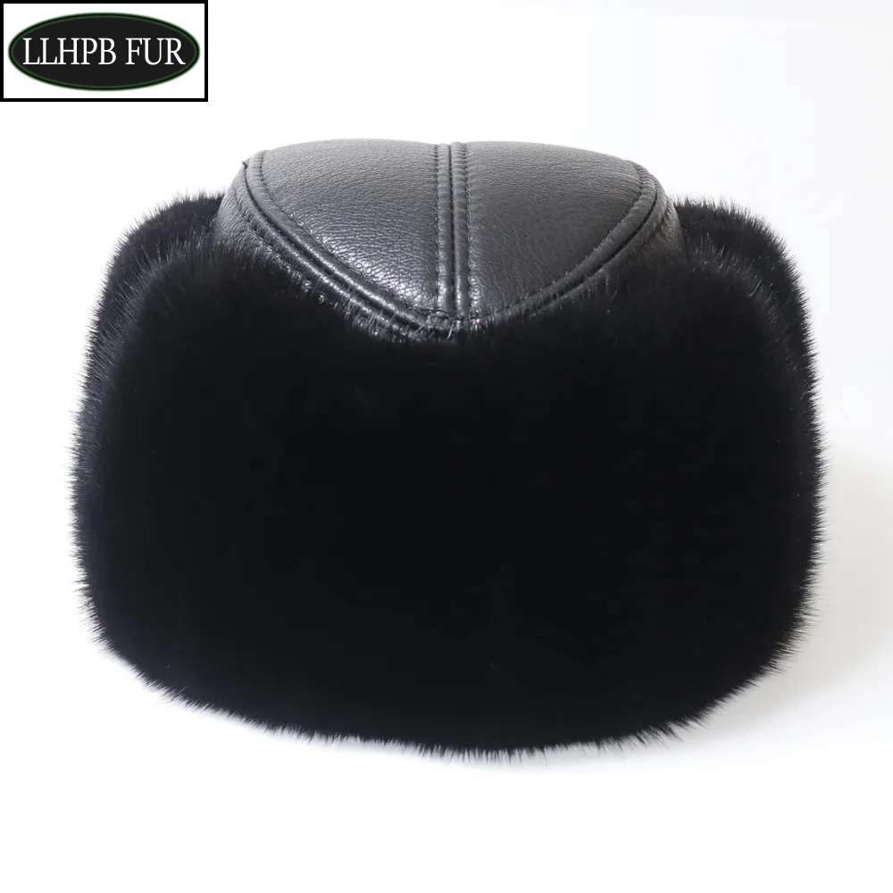 Men Winter Outdoor Keep Warm Real Mink Fur Bomber Hat 100% Natural Sheepskin Leather Cap Russian Male Genuine Muskrat Fur Hats