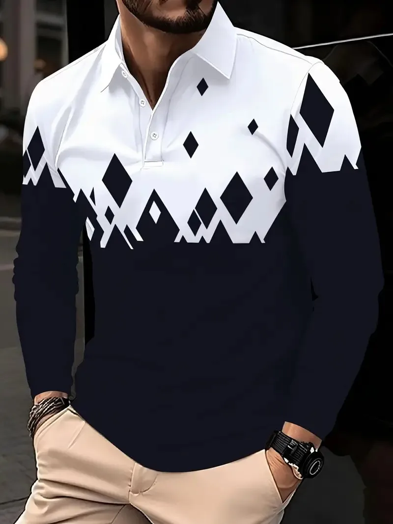 The New Men's Long-Sleeved POLO Shirt for Spring and Autumn 2025 Is Casual Fashionable and Comfortable with 3D Checkered Print