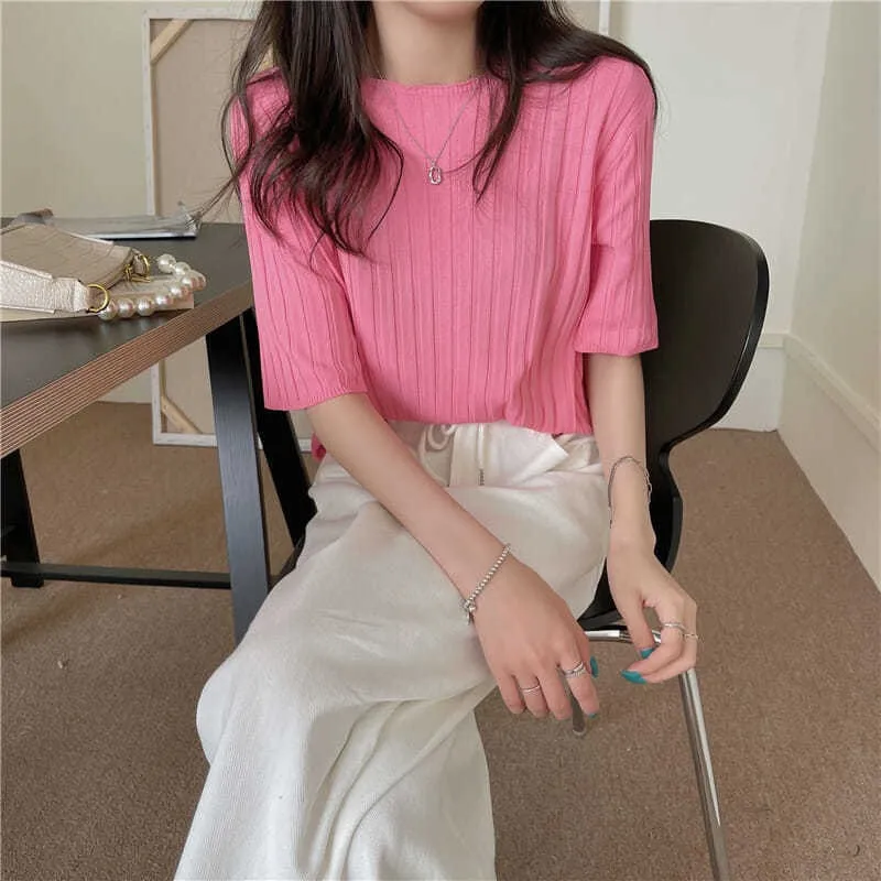 Ice Silk T-shirt Women\'s Thin Short Sleeved Knitwear New Large Loose and Slim Medium Sleeves Bottom Round Neck Casual Top