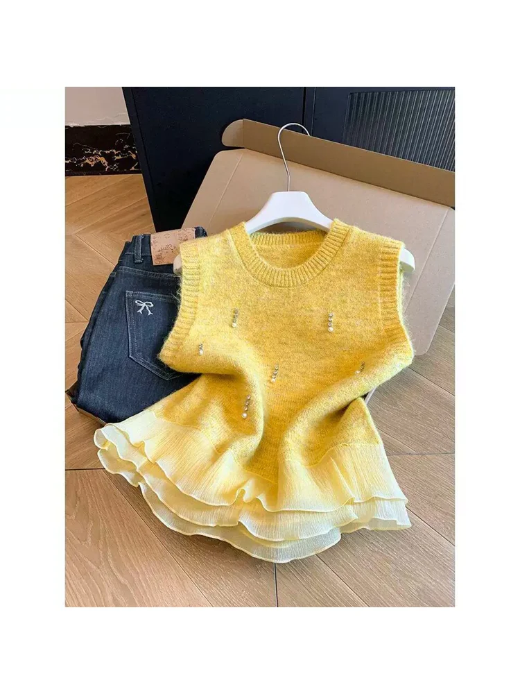 Girls' round Neck Knitted Vest Glitter No Sleeve Mesh Patchwork Hem Top Cleanfit Style Polyester Fiber Inner Wear Short Length