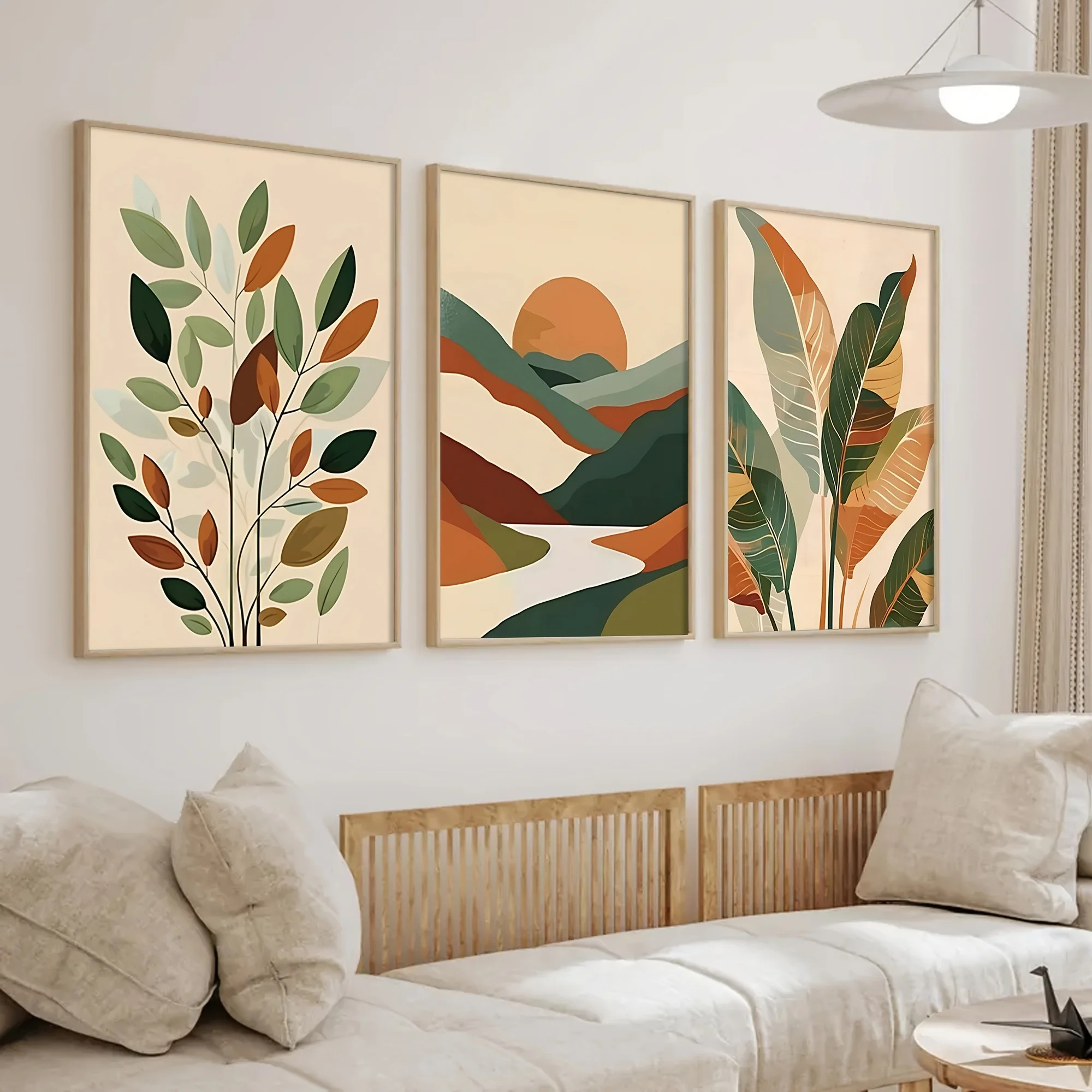 3pcs Frameless Vintage Bohemian Green Terracotta Palm Leaf & Sunset Canvas Art Prints - Waterproof Posters for Bedroom, Office,