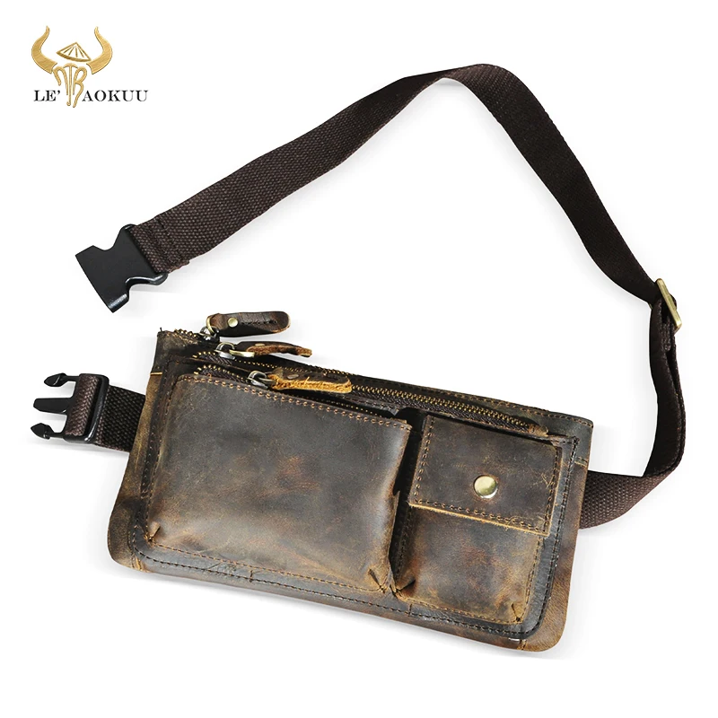 

Crazy Horse Leather men Retro Travel Fanny Waist Belt Bag Chest Pack Sling Bag Design Phone Cigarette Case Pouch Male 811-29