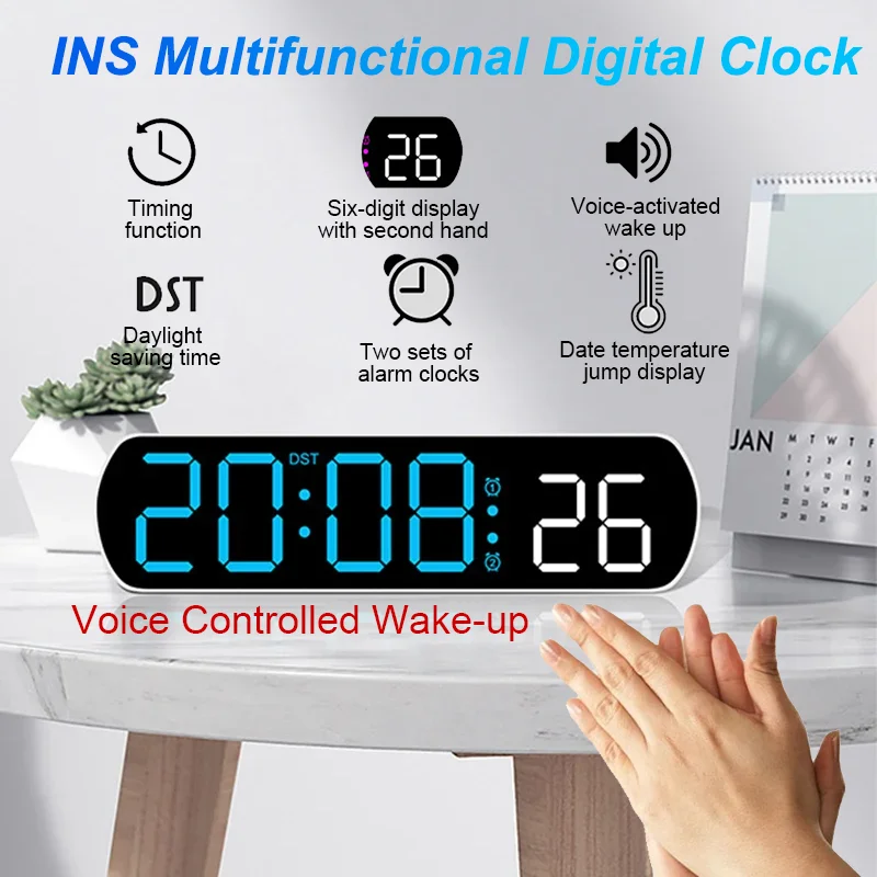 Reloj despertador Digital multifunción, pantalla de salto de temperatura activada por voz, reloj despertador de escritorio de 12/24H, función de sincronización de modo nocturno