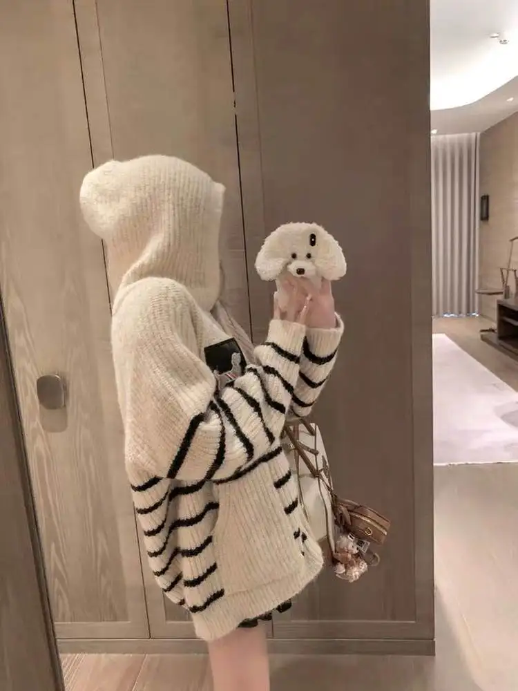 Faionable مخطط الكلب هوديي سترة المرأة شيك الخريف وصول جديد دافئ طويل Sve معطف أمامي مفتوح Sli تخفيف Sle #2