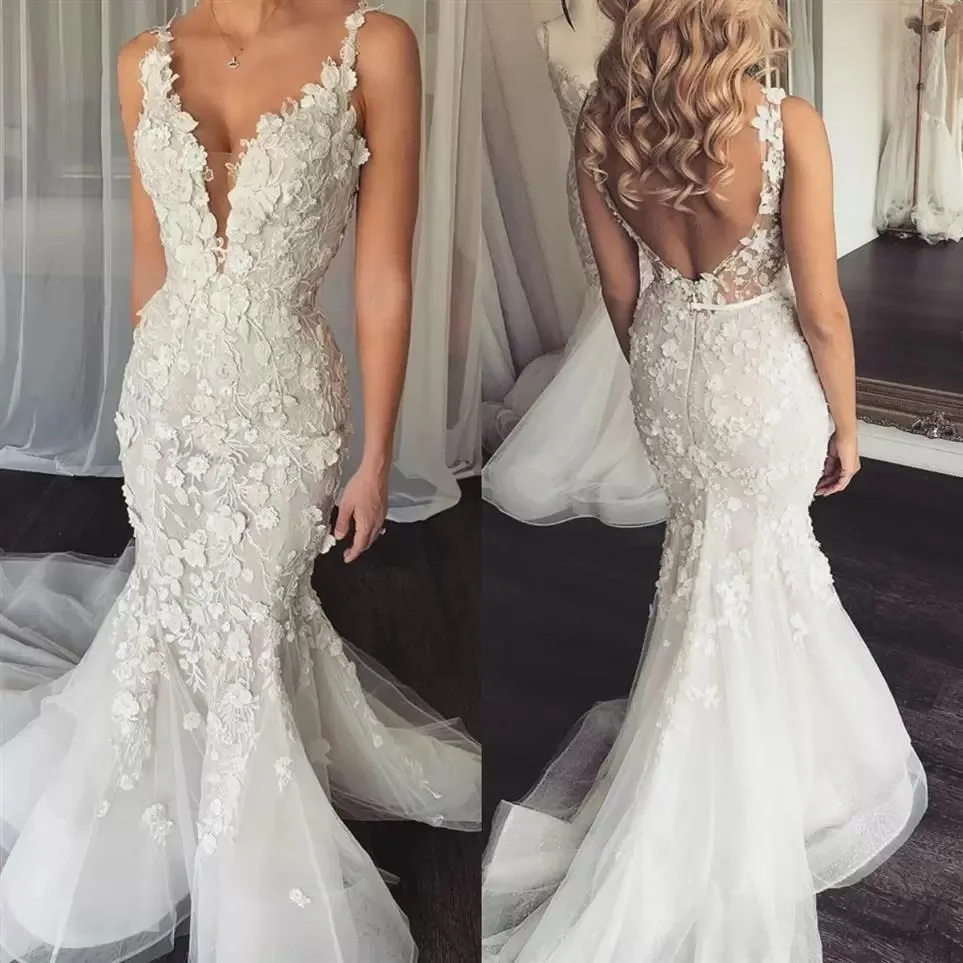 

Mermaid Wedding Dress Sleeveless V Neck Backless 3D Flower Appliques Sequins Bridal Gowns Lace Robe De Mariée Plus Size