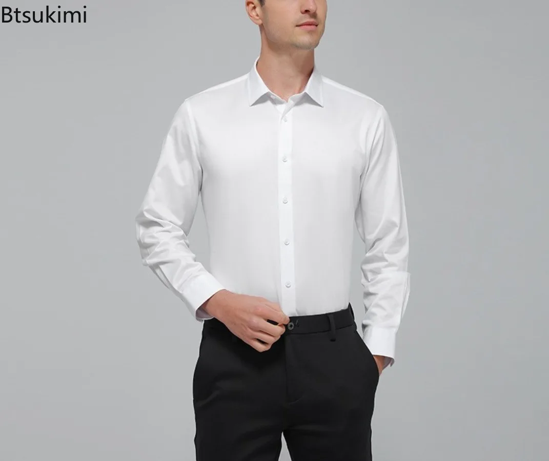 عالية الجودة الرجال قميص الصلبة مرونة المضادة للتجاعيد غير الكي سليم موضة عادية الأعمال مكتب فستان بكم طويل قميص