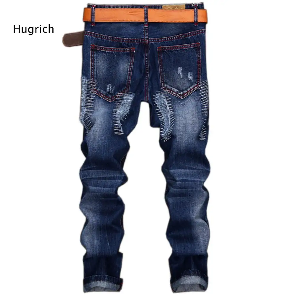 Distressed Ripped Patch Jeans For Men Dark Wash Denim Fabric Contrast Stitching Straight Leg Pants For Urban Casual Daily Looks