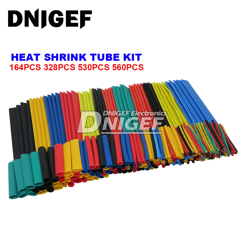 Kit de tubo termo retrátil, 164/328/530/560 peças, encolhimento sortido, manga de isolamento de poliolefina, cabo de fio de tubulação termo retrátil com caixa