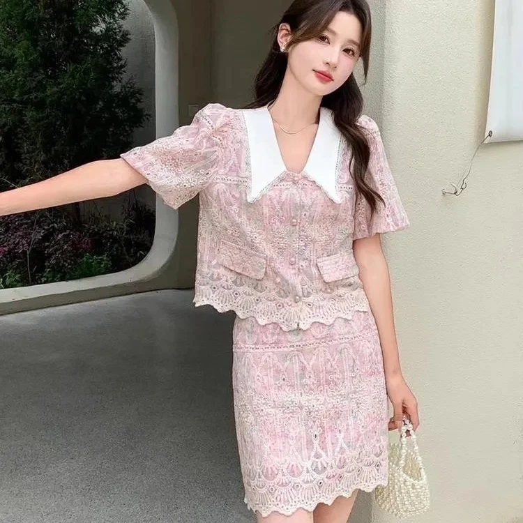 

Peter Pan Collar Sweet and Charming Short-sleeve Top with Skirt, Two-piece Set for Petite Women, 2024 Summer Outfit High Quality