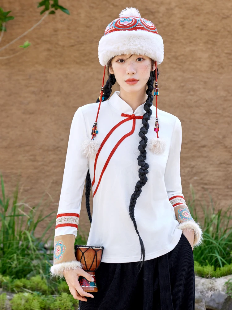 

Ele Embroidered Stand Collar Long Sve T Top for Women Cotton Blend Comfortable Fit National Sle Autumn Faion