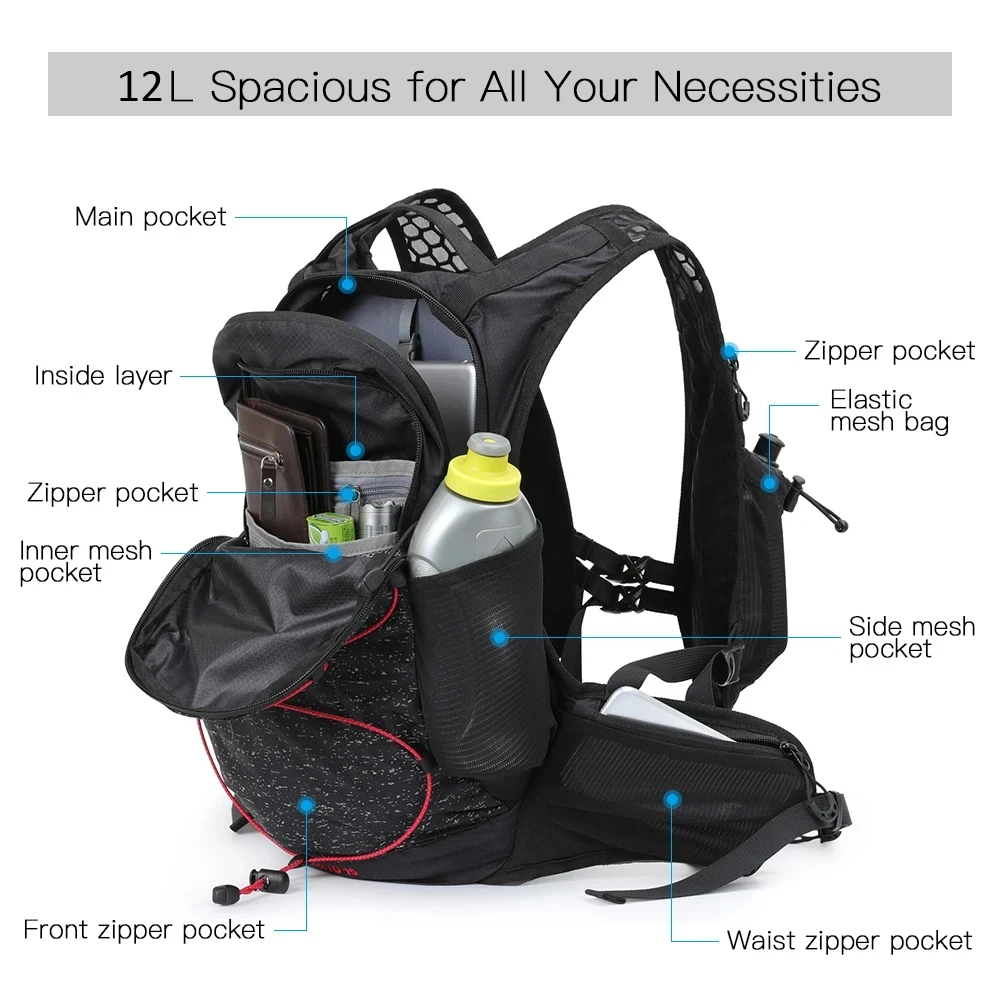 Mochila de corrida ao ar livre ultraleve para homens e mulheres, colete esportivo respirável, saco de equitação, saco de bicicleta, 12L