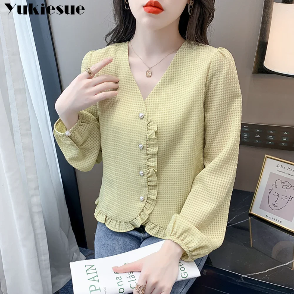 気質シャツ女性の長袖通勤スタイル春の新フリルエッジシフォンシャツ木耳エッジ多用途デイリーシャツ