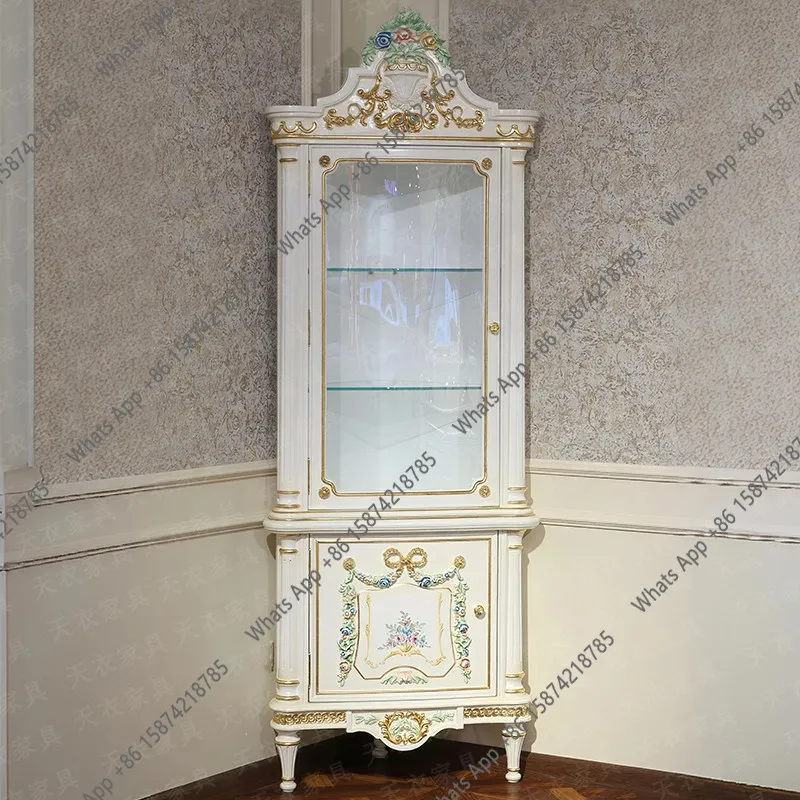 European luxury painted court solid wood triangle cabinet wine cabinet French corner display living room display cabinet