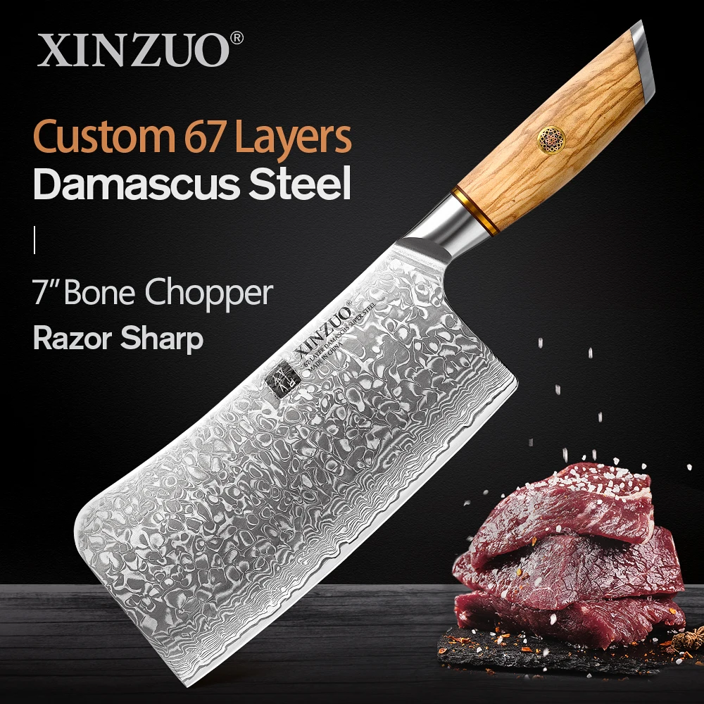 XINZUO 7\'\' inch Bone Chopper Knife Damascus Steel Solid Olive Wood Handle Chef Sharp Bone Powerful Cleaver Chopper Butcher Knife