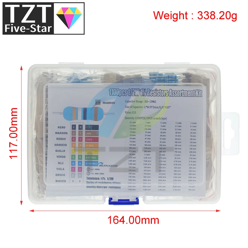 1100pcs 1/2W Metal Film Resistor Kit 1% 0.1 ohm - 2.2M 110 ValuesX10pcs 0.5W Resistance Set Assortment Pack