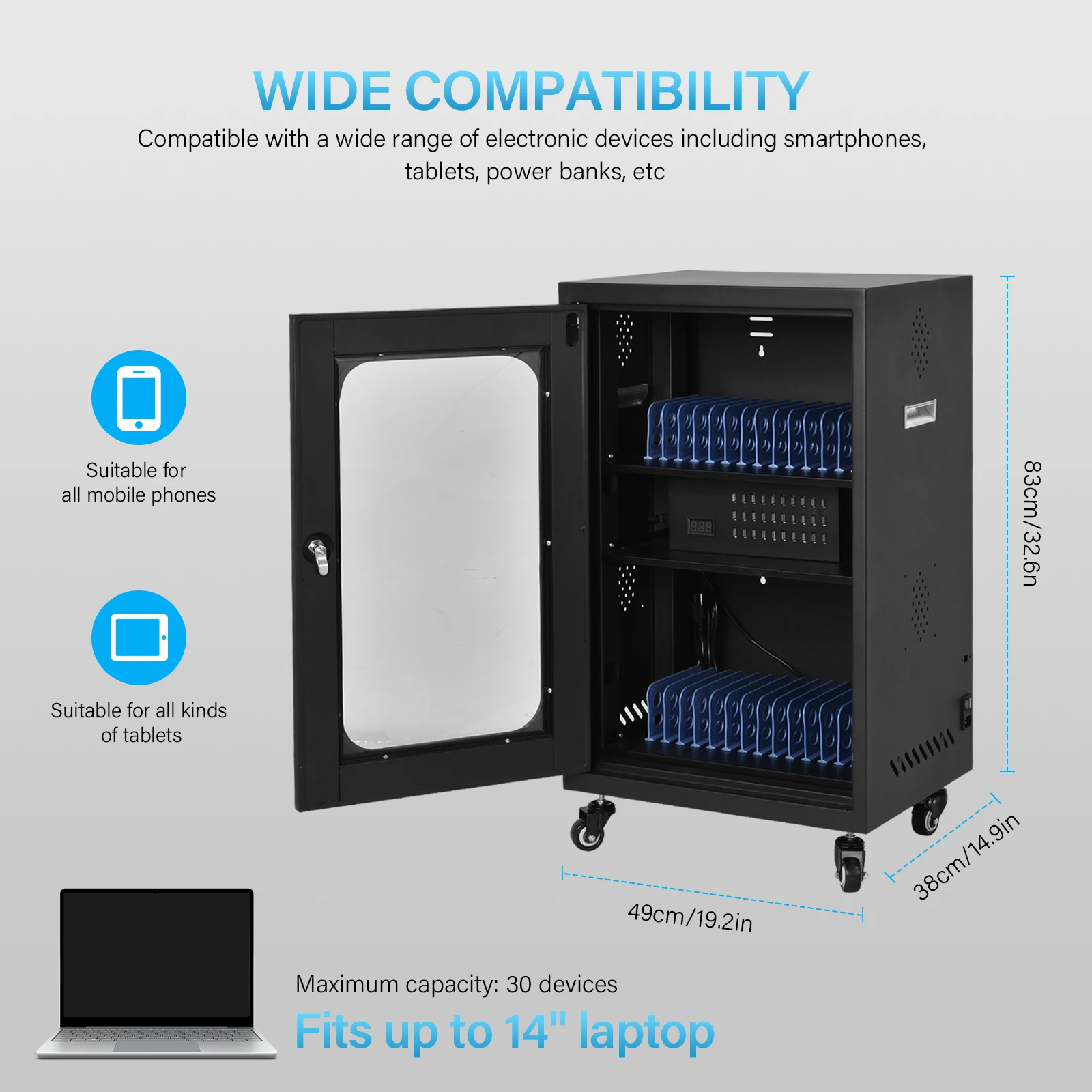 Laptop Charging Cart, 30-Bay Portable Mobile Charging Cabinet, Cell Phone Locker with Charger for Security Storage
