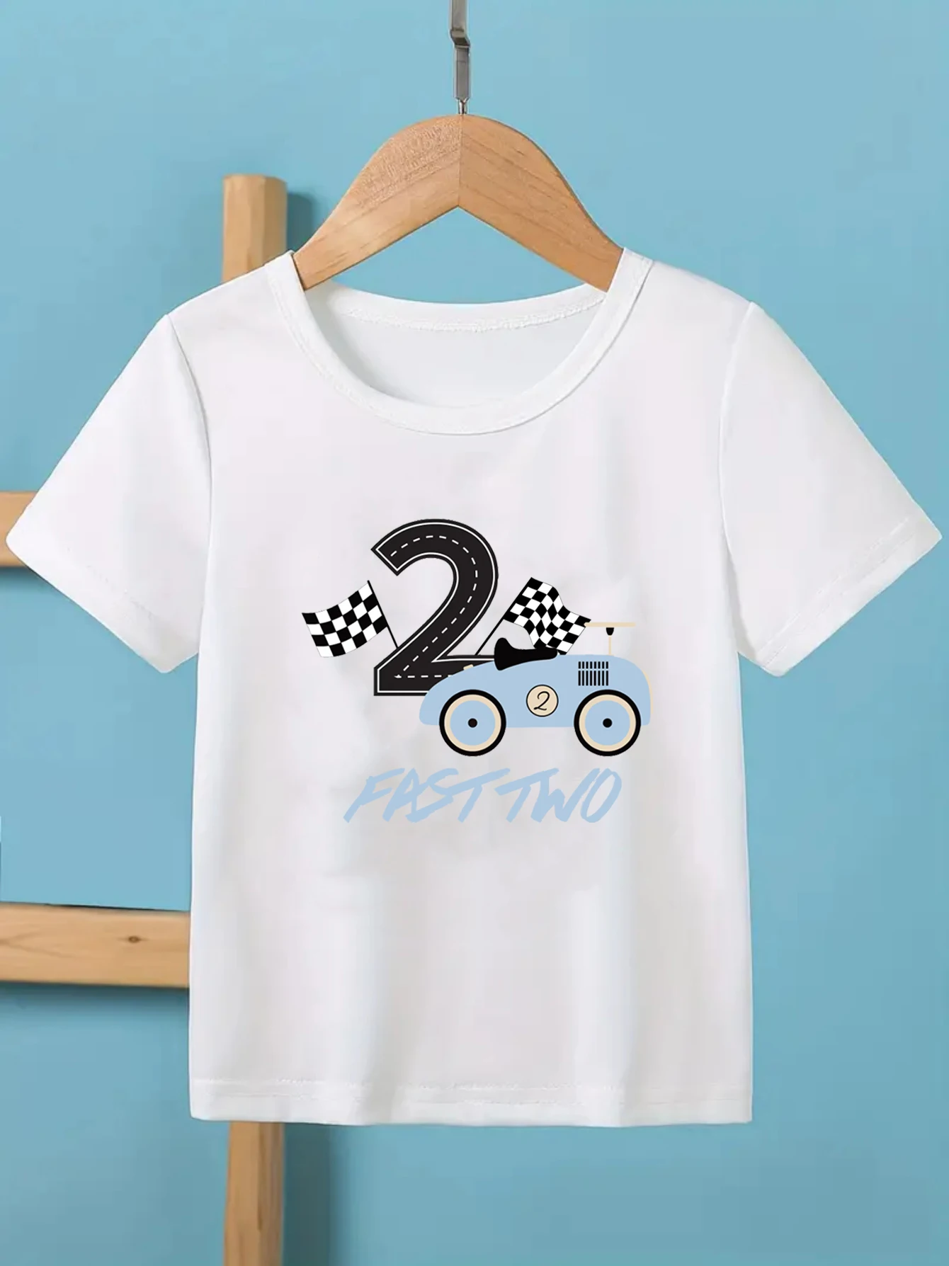 Fast Two Boys' 2nd Birthday Racing Shirt, Blue Retro Racing Boys' T-shirt Suitable for 1st, 2nd, and 3rd Birthday Boys' Shirt