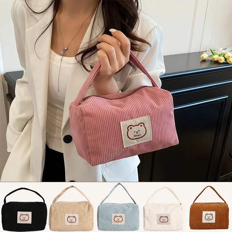 

Bear Large Makeup Bag for Women Corduroy Cosmetic Bag Make Up Bags Zipper Pouch with Handle Cosmetic Organizer Toiletry Bag