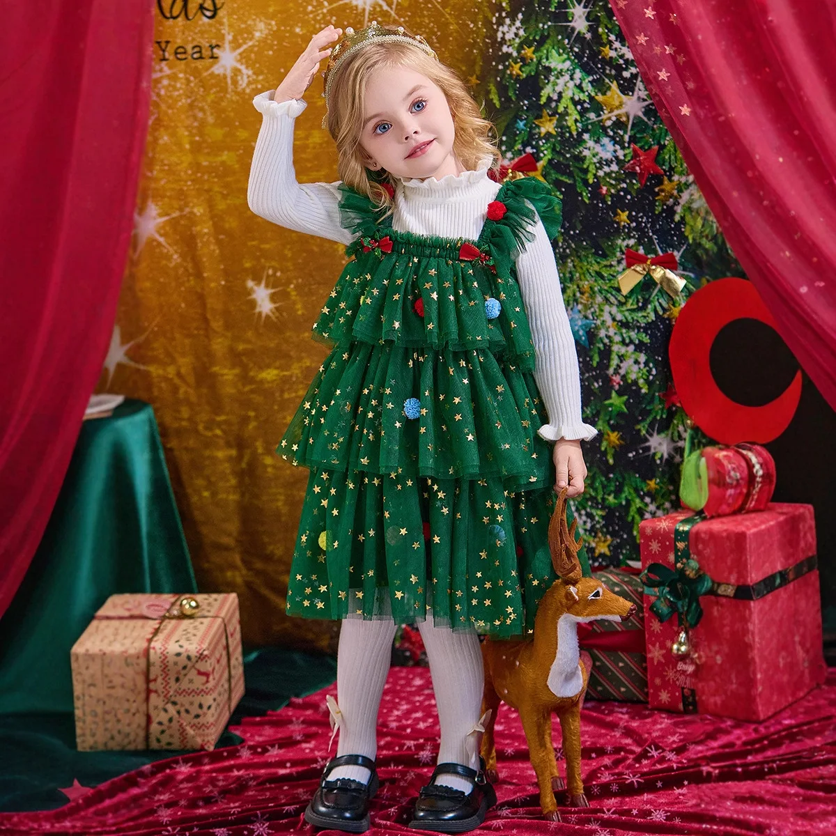 Christmas Performance Costume Girls Party Dresses Green Red Xmas Princess Dress Velvet Inside Girl Birthday Dress Festive Gifts