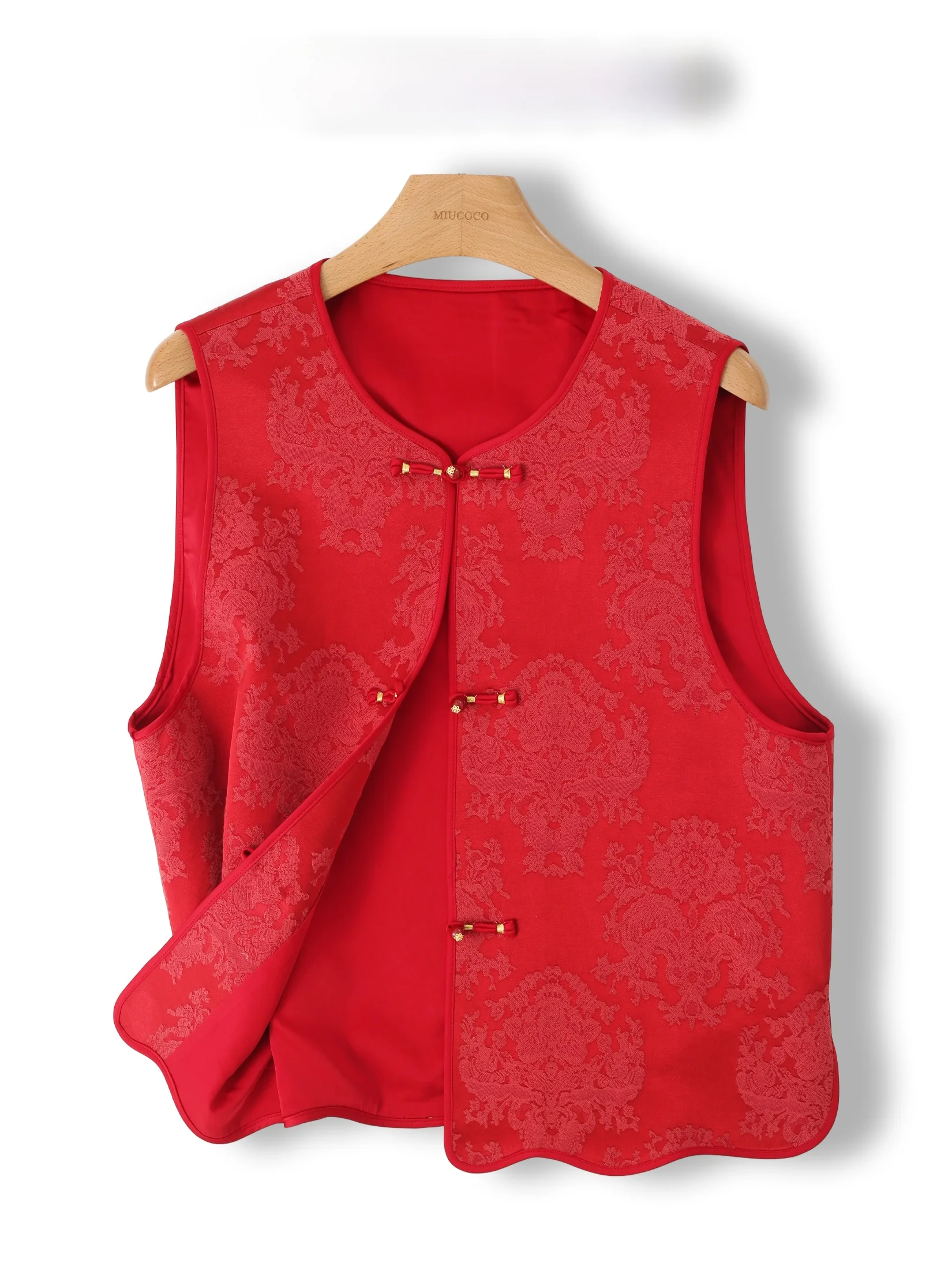 

Red Satin Embroidered Button Vest Women's New Year's Fashion Outerwear Trendy Floral Pattern round Neck Loose Fit Casual Top