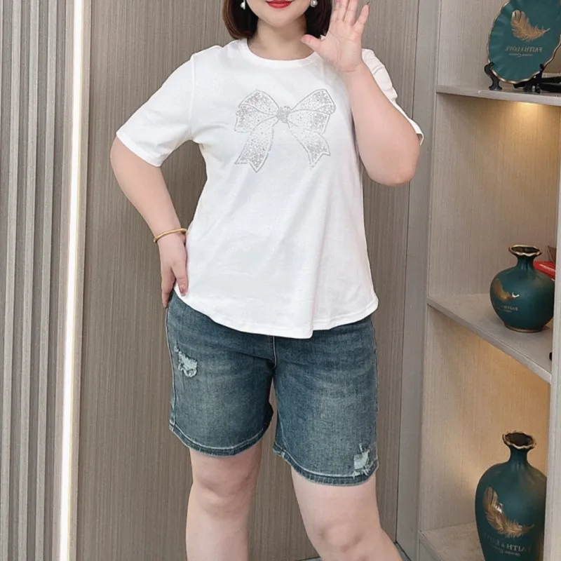 Plus Size Tees Women Summer Short Sleeve T-shirt Women New Loose Thin Casual Temperament Hot Drilling Bow Tops