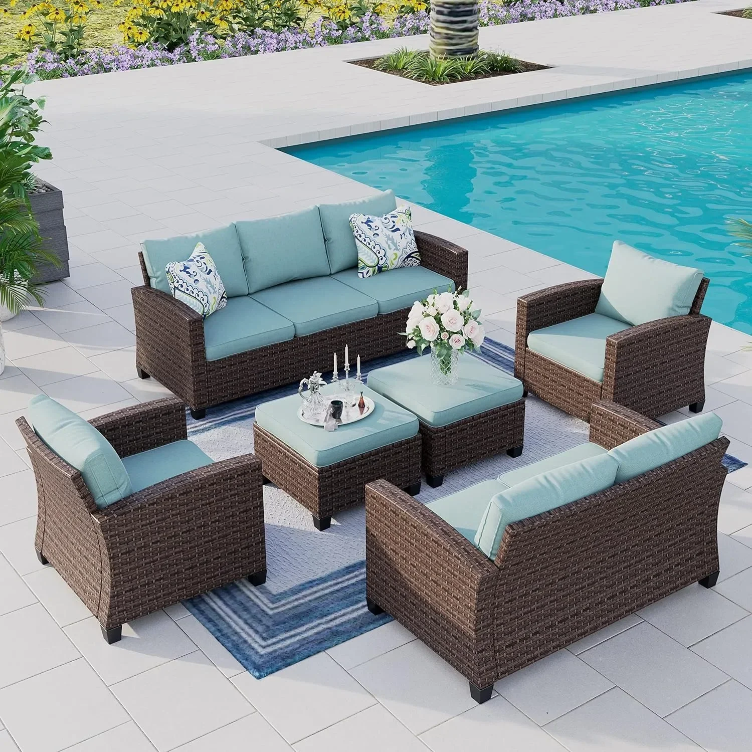 

Patio Furniture Set with Fire Pit Table, with Cushion， for Garden, Poolside, Backyard，Outdoor furniture，Garden Furniture Sets