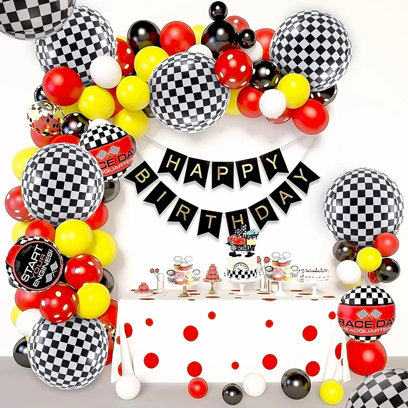 6 Pcs Black White Checkered Foil Balloons 22 Inch 4D Sphere Race Car Checker Helium Balloons Racing Themed Birthday Party Decor