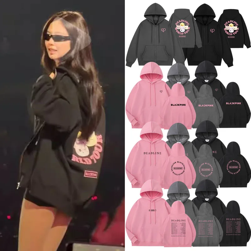 

Худи на молнии с флисовой подкладкой Jisoo Deadline Concert, оверсайз, с длинными рукавами, из смесового хлопка и полиэстера, женская толстовка
