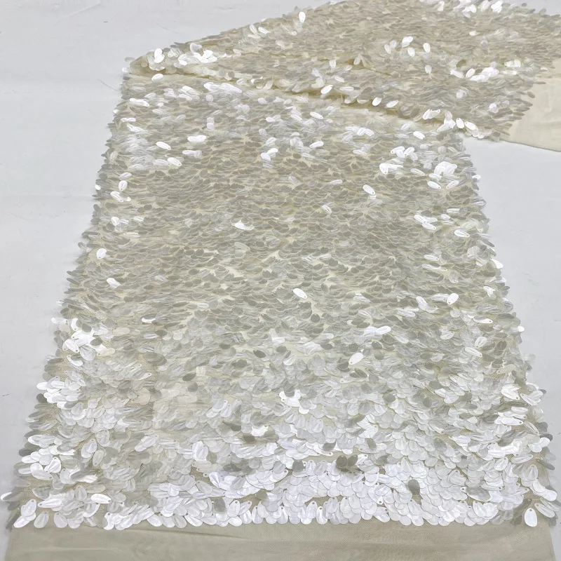 White Shell Sequin Embroidery Stretch Mesh Fabric Teardrop Sequins Material for Evening Gown Stage Dress Women Clothing Sewing