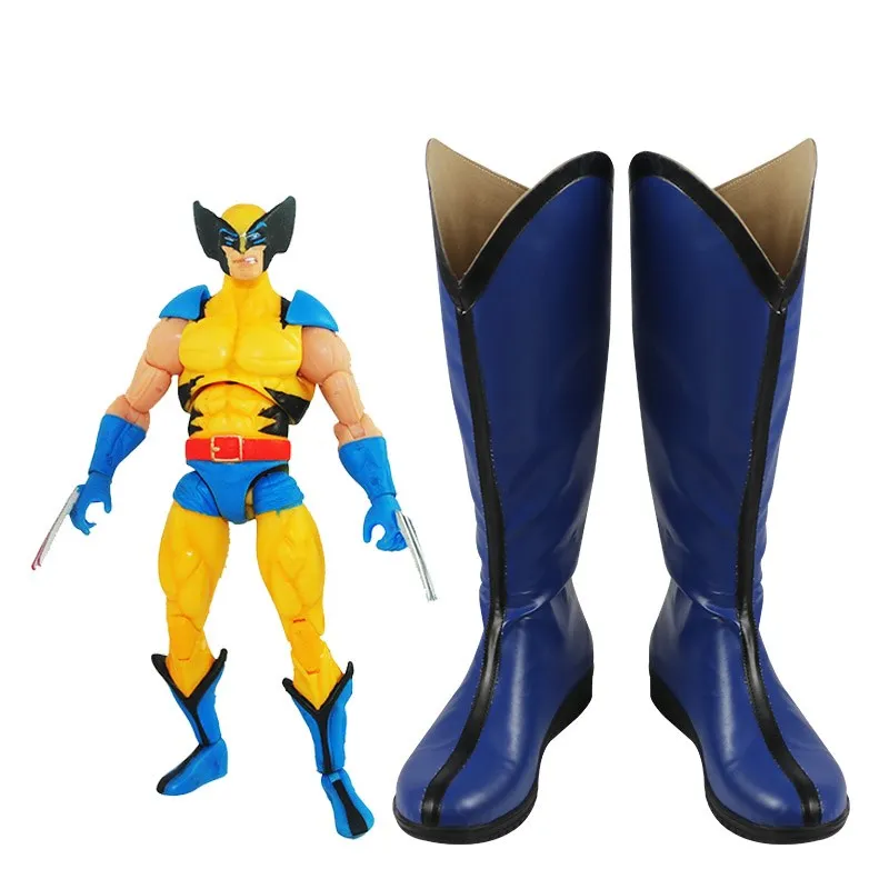 X-MAN de Anime Lobezno Logan, zapatos de Cosplay, botas de piel sintética hechas a mano, color azul