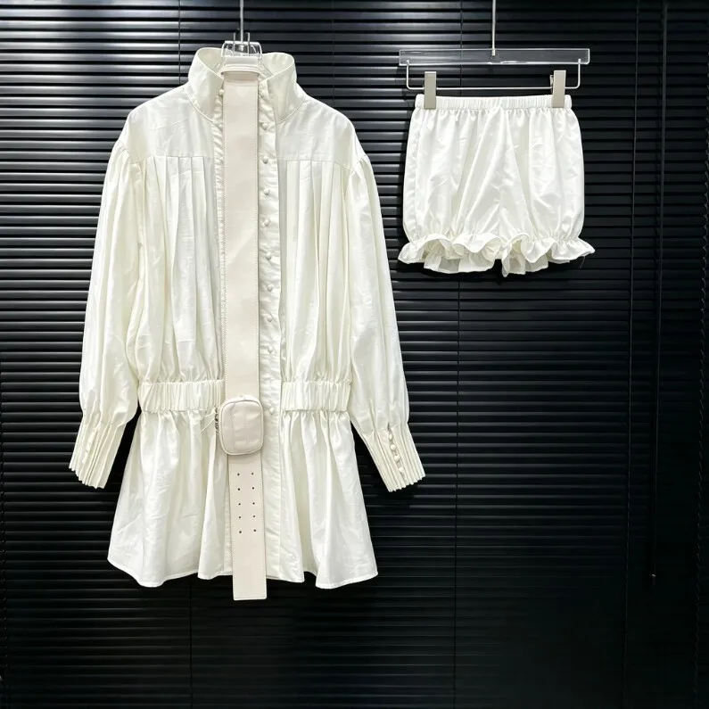 Casual Long Sleeve Set with Maxi Length Fresh Sweet Women Shorts and Shirring Button Wrinkle Puff Sleeve Shirt Ruffle Belt