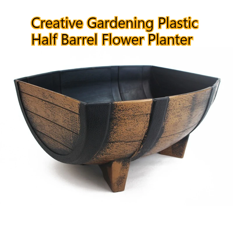 Gardening Plastic Half Barrel Flower Planter, Pirate-Themed Decorative Pot with Realistic Wood Look for Indoor/Outdoor Garden