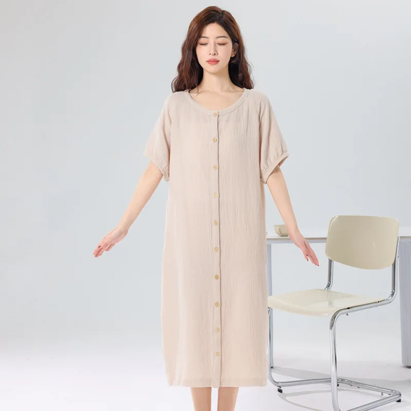 Summer Mid-long Style Women's Short Sleeved Pajamas Nightgowns Thincotton Cardigan and Round Neck Simple Solid Color Sleep Dress