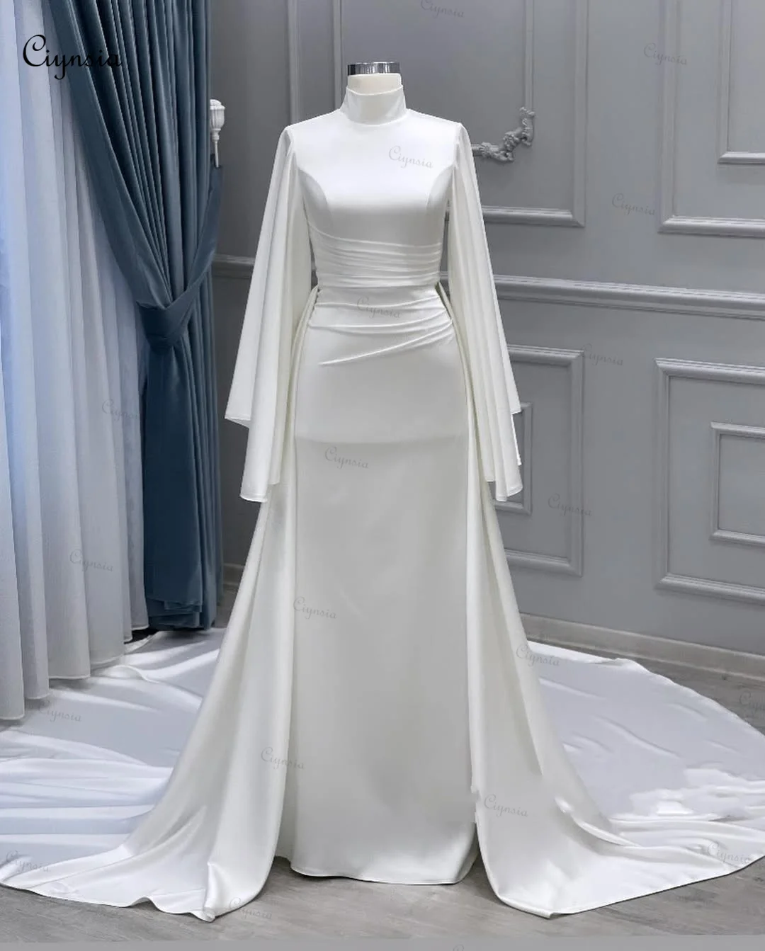 

Мусульманские свадебные платья Ciynsia из шелкового атласа, роскошные свадебные платья цвета слоновой кости с длинными рукавами 2024, свадебные платья цвета слоновой кости для невест, со шлейфом, русалка по индивидуальному заказу