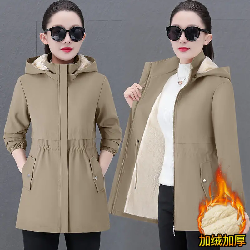 

2025 New Autumn Winter Velvet Warm Cotton Jacket Women Korean Mid-Long Hooded Overcoat Ladies Khaki Windbreaker Female Outerwea