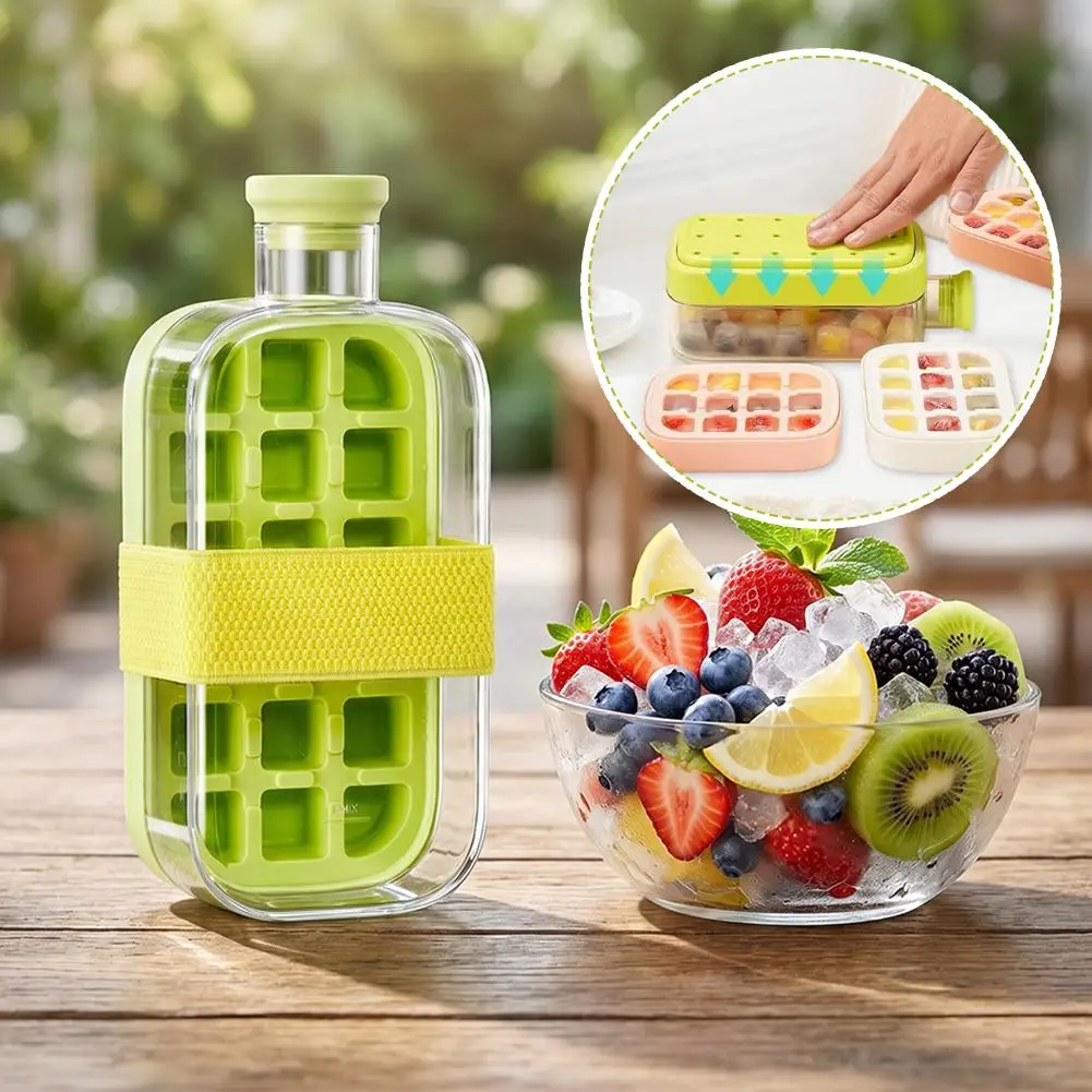 Press-Type Ice Cube Tray Water Bottle, 2-in-1 Portable Ice Maker with Straw, Leakproof Ice Mold for Summer Cold Beverages