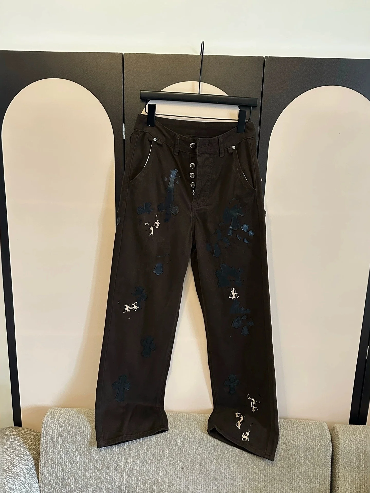 High Street Style Cross Print Loose Straight Leg Jeans Women's Trendy Hole Design Jeans High Waist Straight Tube Pants