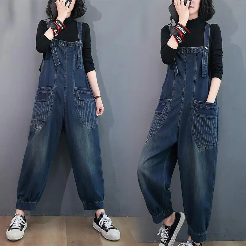 

2023 Spring/Autumn Denim Jumpsuit Women Long Wide Leg Pants Loose Oversize Overalls Korean Style Patchwork Female Playsuits