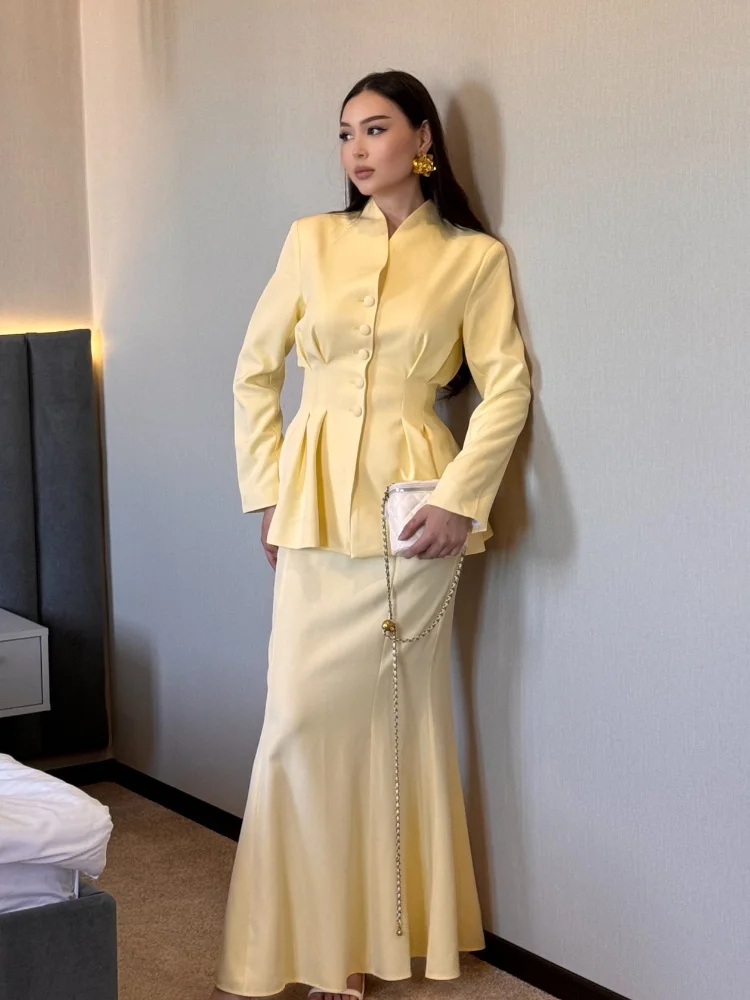 

Elegant Women's Waist-Closed Blazer Skirt Suits Long Sleeve V-Neck Button Solid Lady Sets 2025 Casual 2 Pieces Set Women