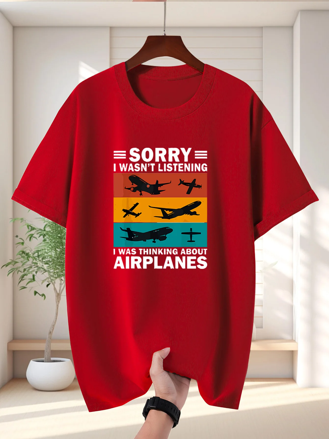 Men's Summer  Pure Cotton Fashionable Casual Loose Fun Aviation Pattern Printed Sports Round Neck Short Sleeved T-Shirt Top
