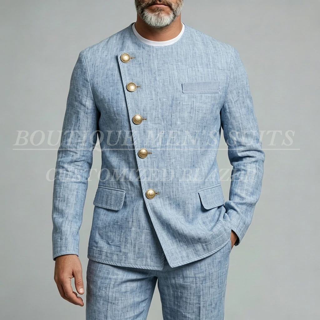 

Casual Men's Suits High Quality Single Breasted O-Neck Blazer Prom Party Offfice 2 Piece Jacket Pants Outfits Costume