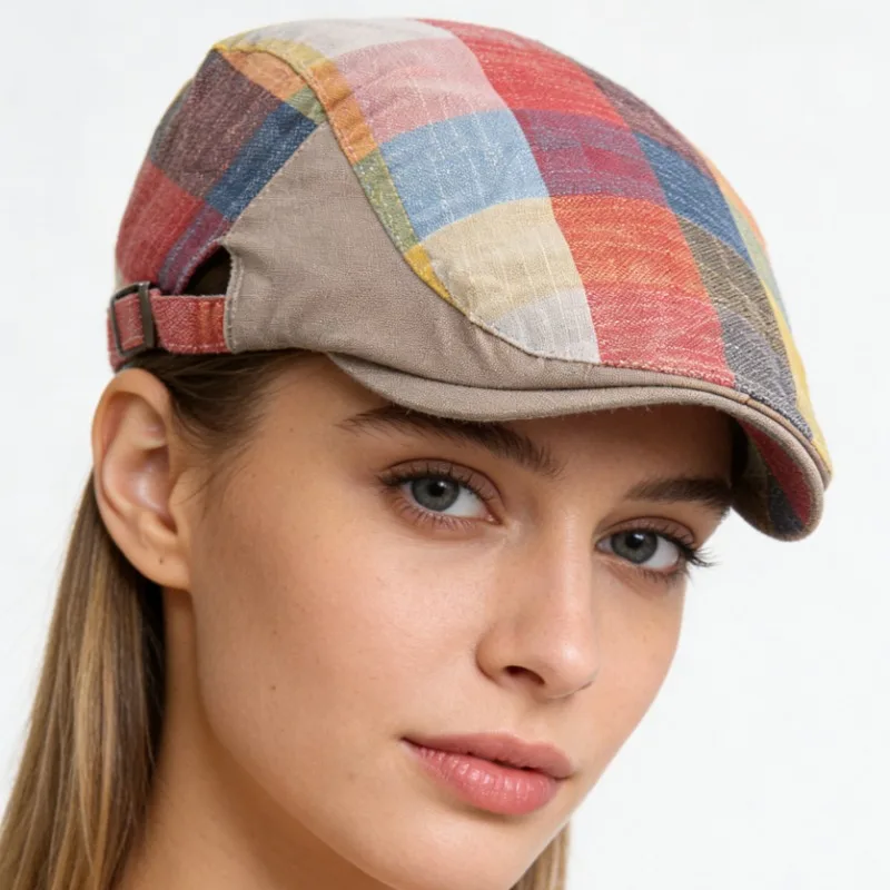 Unisex Spring Summer Berets Hats Multicolor Plaid Herringbone Newsboy Cap Duckbill Flat Hat For Women Men