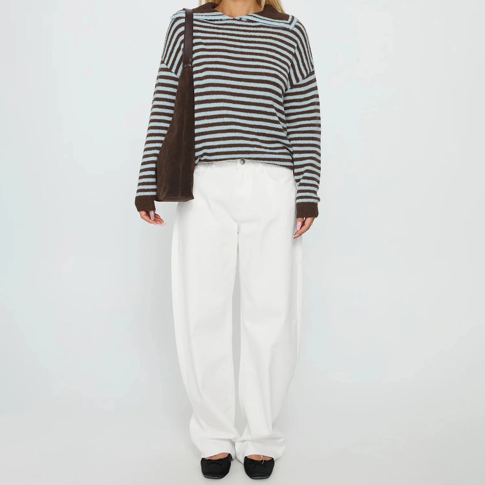 

Combhasaki Women Striped Knit Sweater Y2K Collared Neck Long Sleeve Pullover Tops Color Block Loose Sweatshirts Preppy Knitwear