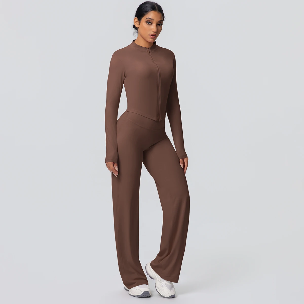 2 stück Schnell Trocknend Sport Fitness Kleidung Yoga Set Frauen Yoga Zipper Lange Ärmel Hohe Taille Atmungsaktive Breite Bein Hosen set – Detail 7